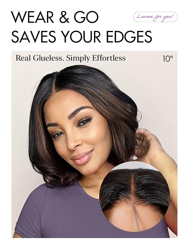 LUVME HAIR 5X5 Layered Cut Bob Wig 100% Human Hair Wigs Glueless 10 Inches Bob Pre Cut Plucked Lace Short Wig Ready To Go Bleached Knots Middle Part Brown Highlight Wigs