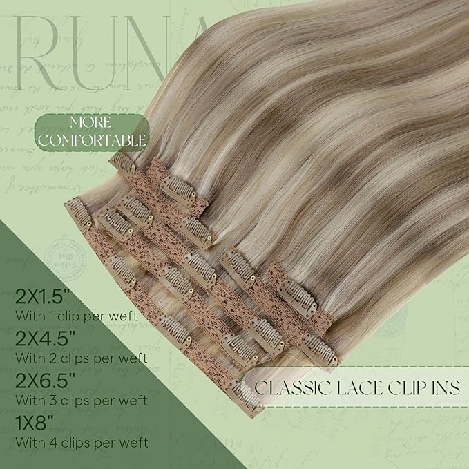RUNATURE Clip in Hair Extensions Real Human Hair, Straight Human Hair Clip in Extensions with Blonde Highlighs, Natural Looking, 16 Inch 120g 7pcs #8P60 Ash Brown Highlight Platinum Blonde