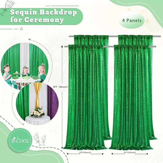 Green Sequin Backdrop Curtains 4 Pcs 2ftx8ft Glitter Shimmer Fabric | Sparkly - Image 2