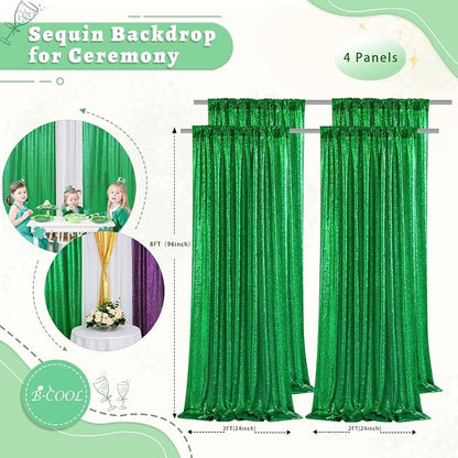 Green Sequin Backdrop Curtains 4 Pcs 2ftx8ft Glitter Shimmer Fabric | Sparkly - Image 2