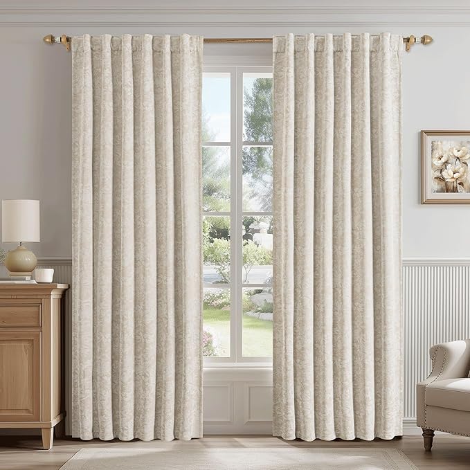 Beauoop Beige Floral Jacquard Blackout Curtains - Image 2