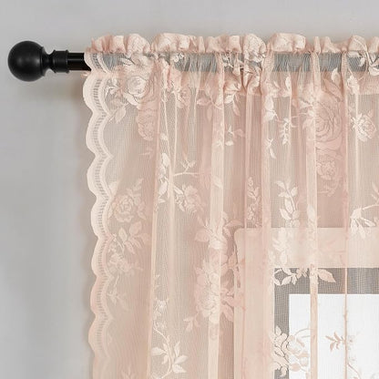 Blush Pink Lace Cafe Curtains 24 Inch Length 2 Panels set Country Floral Sheer - Image 4