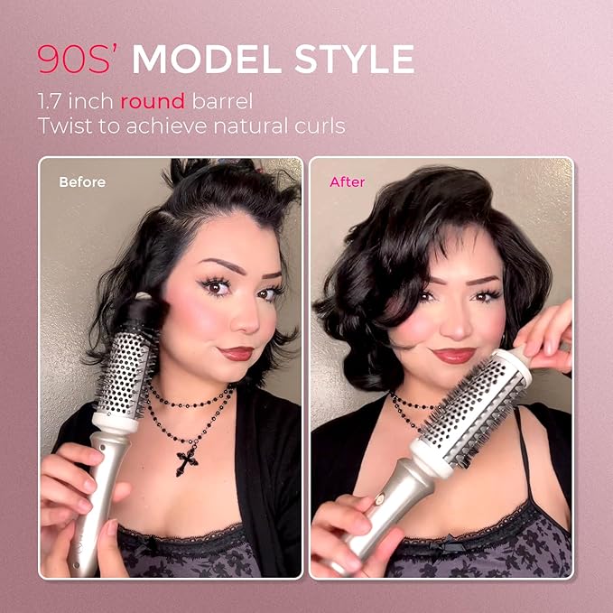 TYMO 2.0 Thermal Brush Curling Brush - STYLUX 1.7" Blowout Volumizer with Flexi-Fit for Hair Straightening, Heated Round Styler Tool, Hair Straightener and Curler 2 in 1, Dual Voltage & Light, Gold