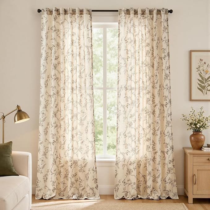 Taupe Floral Linen Curtains Farmhouse Rod Pocket 50W X 96L 2 Panels | Charlotte - Image 2