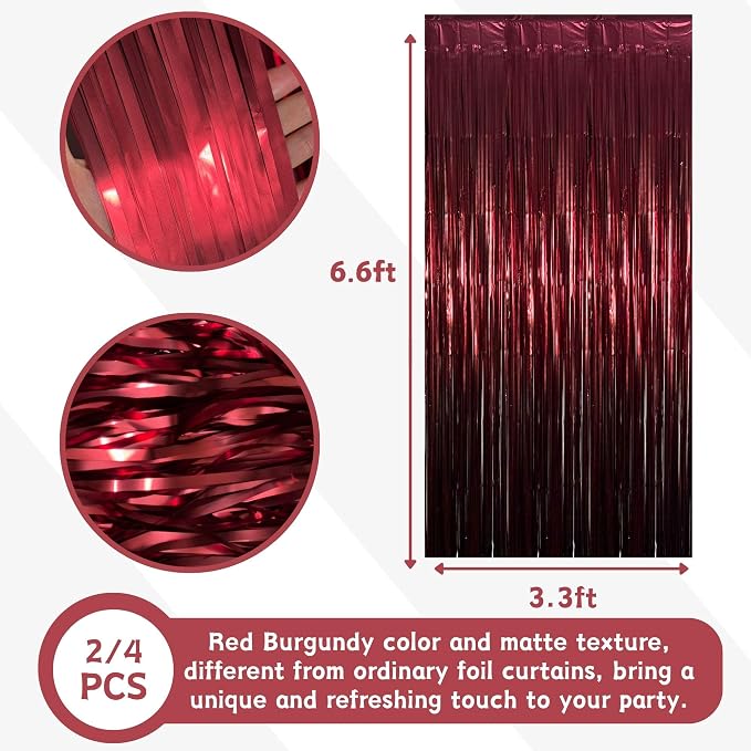 Matte Burgundy Foil Fringe Tinsel Backdrop, 4 Pack, 3.3 x 6.6 Ft | Matte Maroon - Image 3