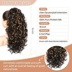 Flufymooz 100％ Pure Protein Ponytail Extension, 18 Inch Curly Claw Clip Ponytail Hair Extensions Natural Soft pony tail hairpiece for women-Brown with Deep Blonde Highlight