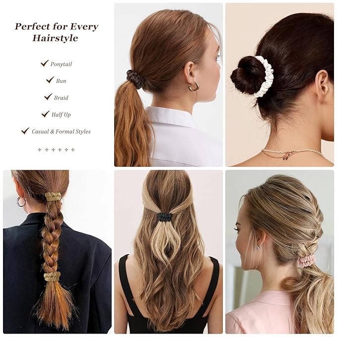 12 Pack Silky Soft Skinny Hair Ties, Silk-Like No Damage Scrunchies Elastic Ponytail Bands for Women Girls, Thin Thick Curly Hair