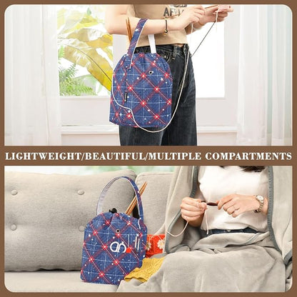 Blue Retro Plaid Stars Yarn Bag Small Crochet Bag Drawstring Yarn Storage - Image 5