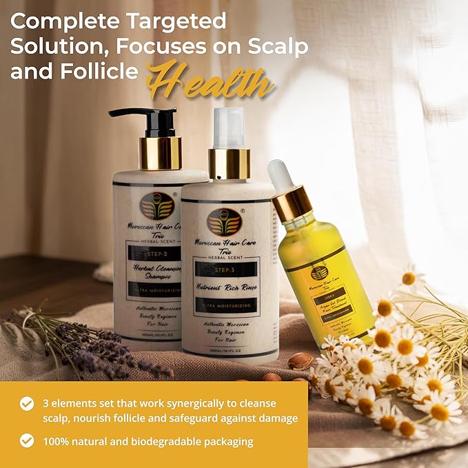 Dry Scalp Treatment for Women – 3-Step Scalp & Follicle Care System – Argan Oil Blend Hair Treatment, Herbal Cleansing Shampoo & Nutrient Rich Rinse – Soothes Itch, Reduces Flakes, Sulfate-Free