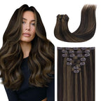 GOO GOO Clip in Hair Extensions Real Human Hair, Remy Human Hair Extensions Clip ins for Women, Natural Human Hair, 14inch 120g 7 Pcs, #2/6 Dark Brown Highlighted Chestnut Brown