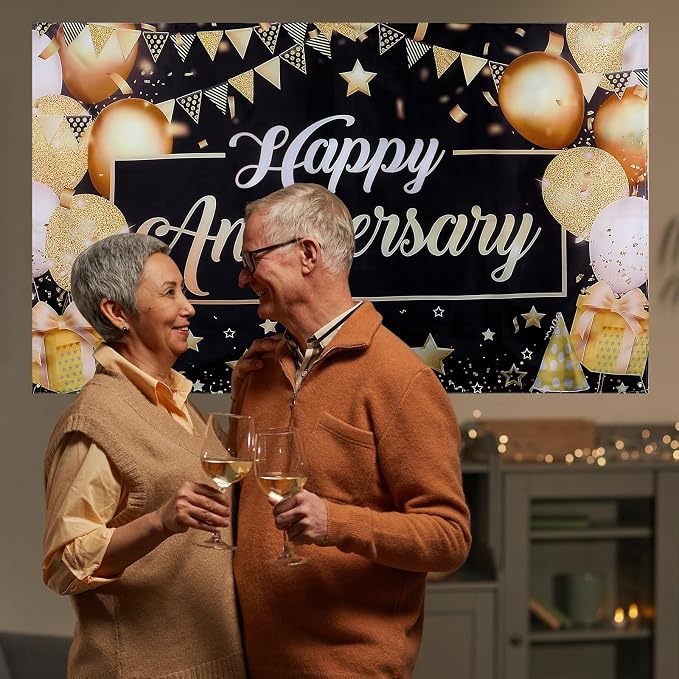 Happy Anniversary Backdrop Banner, 6ft x 3.6ft Black Gold Anniversary Party - Image 6