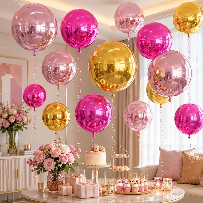 Pink Gold Round Foil Balloons, Metallic Hot Pink Gold Foil Baloon - Image 7