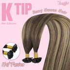 YoungSee Ombre K Tip Hair Extensions Real Human Hair Balayage Brown with Caramel Blonde Natural Hair Extensions Ktips Human Hair for Women 14In 1G/S 50G