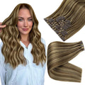 Full Shine Clip in Hair Extensions Human Hair 22 Inch Blonde with Brown Highlights Seamless Clip in Hair Extensions Add Volume for Women Softness 8 PCS 120 G