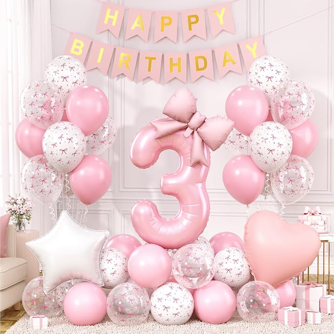 3rd Pink Bow Birthday Decorations by Xinvery