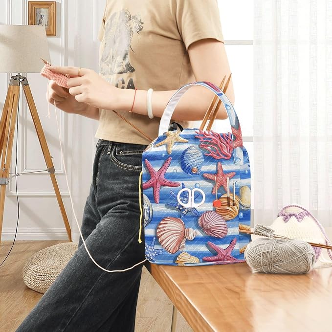 Blue Striped Starfishes Seashells Corals Yarn Bag Small Crochet Bag Drawstring - Image 6