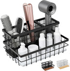 1 Pcs Hair Tool Organizer Countertop Breathable Metal & Bamboo Hot Tools Organizer Under Sink Bathroom Hair Dryer Holder Countertop Brush Comb Holder,makeup tray (White Bamboo,Black)