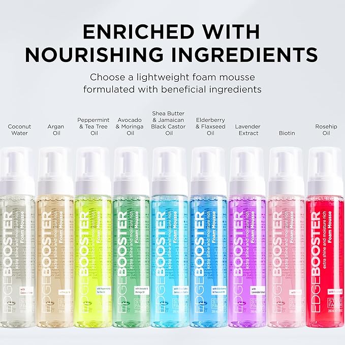 Style Factor EDGE BOOSTER Extra Shine & Moisture Rich Foam Mousse | Lightweight Styling for Curls, Waves, Braids, Locs & Protective Styles | Volume & Shine | With Argan Oil | 9 fl oz