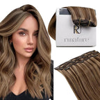 RUNATURE Real Hair Extensions Clip Ins, Brown Clip in Hair Extensions with Highlights, Double Weft Natural Hair for Women, Easy to Apply, 16 Inch 50g 3pcs #3P12 Brown Mix Blonde