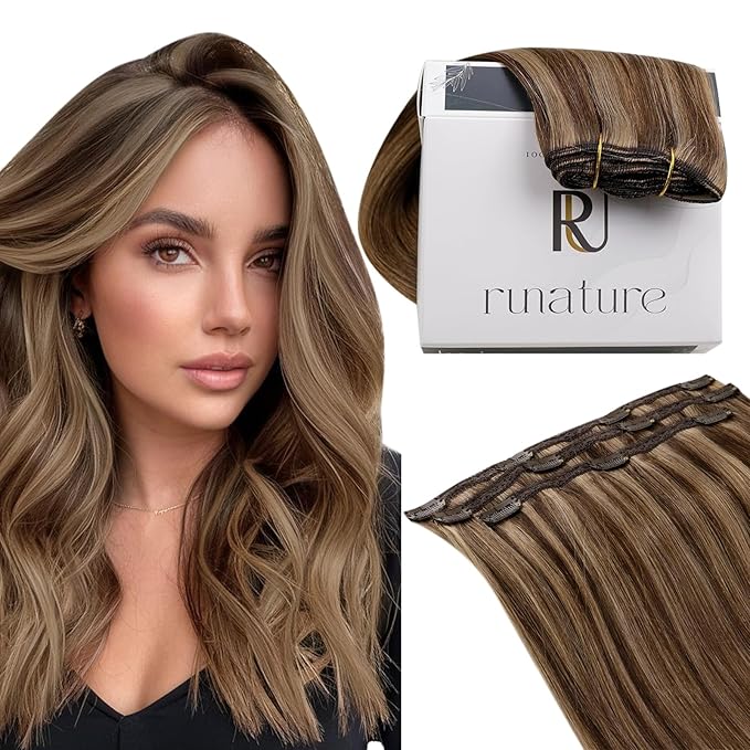 RUNATURE Real Hair Extensions Clip Ins, Brown Clip in Hair Extensions with Highlights, Double Weft Natural Hair for Women, Easy to Apply, 16 Inch 50g 3pcs #3P12 Brown Mix Blonde