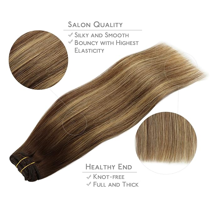 WENNALIFE Clip in Hair Extensions, 150g 16 Inch 9pcs Balayage Chocolate Brown to Honey Blonde Human Hair Extensions Thicker Clip in Hair Extensions Real Human Hair Clip Set Double Weft
