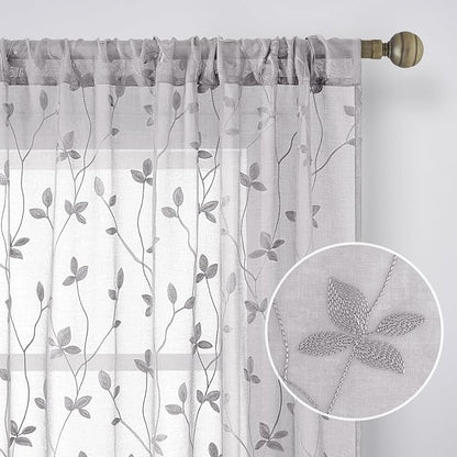 HOMEIDEAS Light Grey Sheer Curtains 2 Panels, Embroidered Vine Leaf, W52xL84 | - Image 4