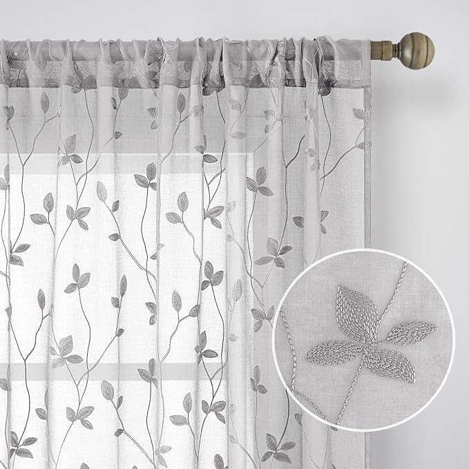 HOMEIDEAS Grey Sheer Curtains 2 Panels, Embroidered Vine Leaf, W52xL63 | Faux - Image 4
