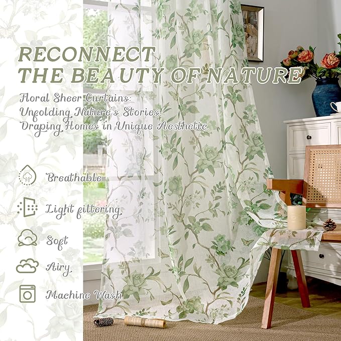 Sage Green Curtains for Living Room Sheer, Spring Leaf Vines Patterned - Image 2