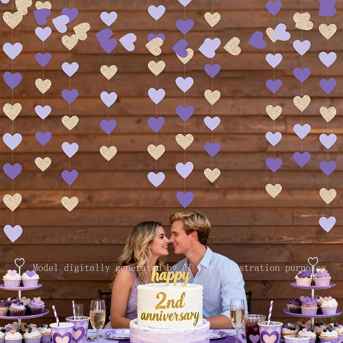 Champagne Gold Purple Heart Party Decorations Glitter Paper Love Heart Hanging - Image 8