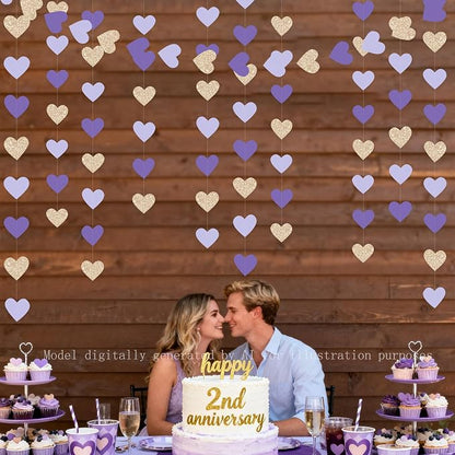 Champagne Gold Purple Heart Party Decorations Glitter Paper Love Heart Hanging - Image 8