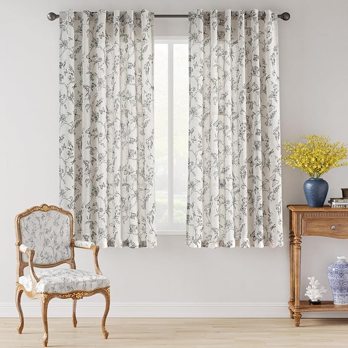 Black Floral Linen Curtains Farmhouse Rod Pocket 50W X 63L 2 Panels | Charlotte - Image 2