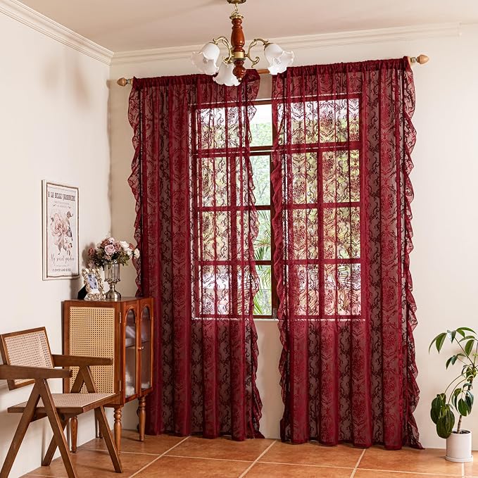 Deeprove Boho Lace Sheer Burgundy Curtains 84 Inches Long - Image 7