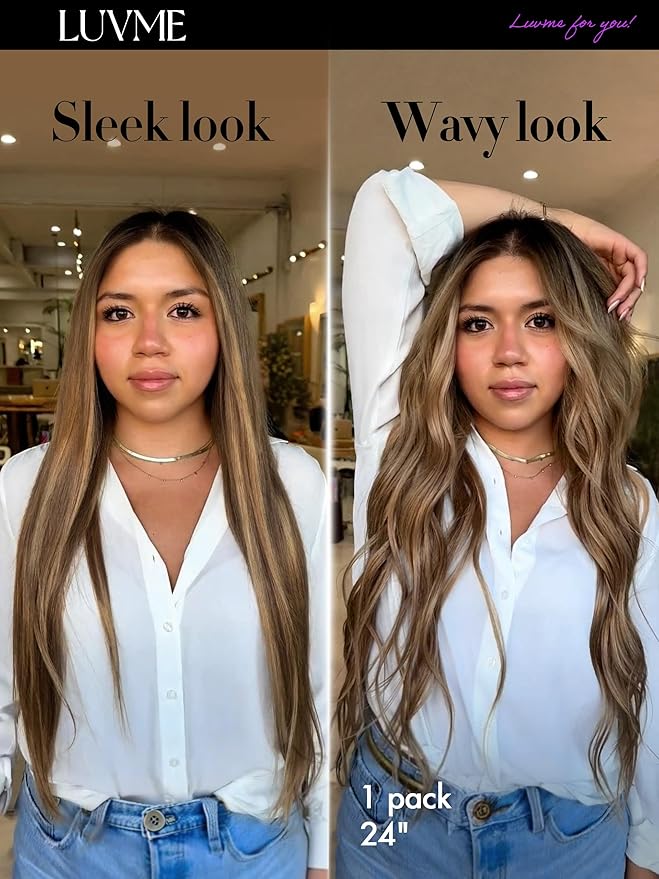 LUVME Straight Seamless 110g 7Pcs Clip in Hair Extensions Full Max with 18 inch Remy Human Hair Extensions, Highlight Color 100% Real Soft Human Hair