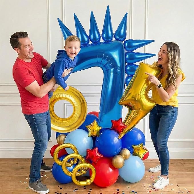 Speed Hedgehog 7th Birthday Balloon Centerpiece Set Royal Blue Red Gold Latex - Image 3