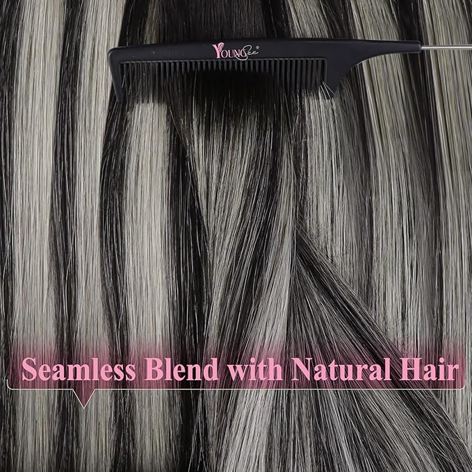 YoungSee Tape in Human Hair Extensions Ombre Black to Silver Invisible Tape ins Hair Extensions Human Hair Black to Silver Real Hair Extension Tape-in for Short Hair 12 Inch 30g 20pcs