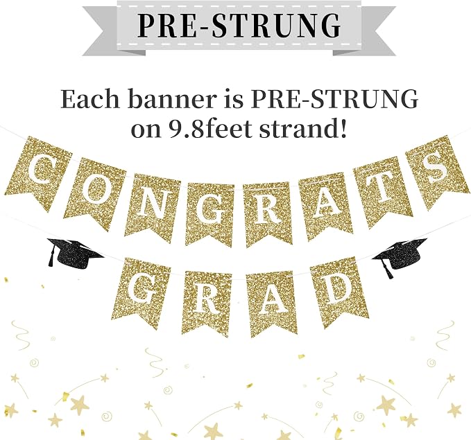 Congrats Grad Banner Gold Glitter Pre-Strung Congrats Grad Sign Decorations - - Image 2