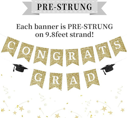 Congrats Grad Banner Gold Glitter Pre-Strung Congrats Grad Sign Decorations - - Image 2