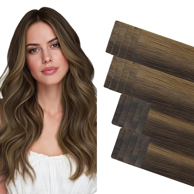 GOO GOO Invisi Edge Tape in Hair Extensions Human Hair, 2C/4E/6C Brown Sugar Swirl Highlights 10pcs injected with 10pcs classical tape ins, 16inch 50g, Virgin Remy Hair, Natural Look