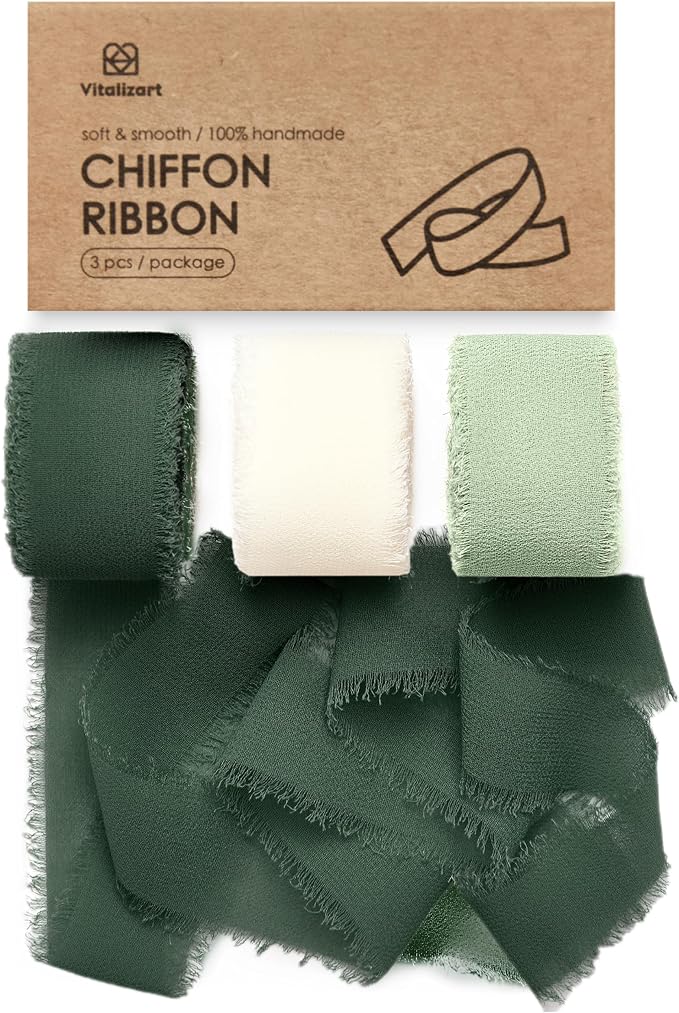 Vitalizart Green & Cream Chiffon Silk Ribbon 1" x 21 Yd Handmade Fringe | by Vitalizart