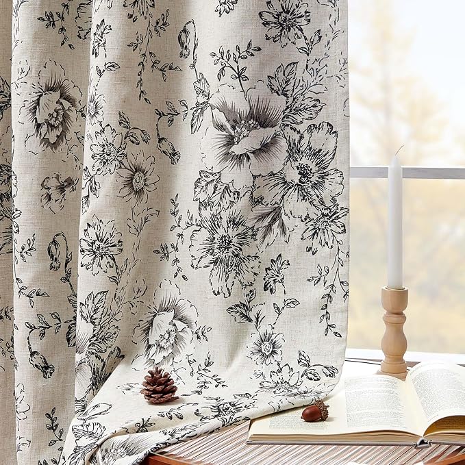 jinchan Floral Linen Blackout Curtains Lined 102 Inch Back Tab 2 Panels | - Image 3