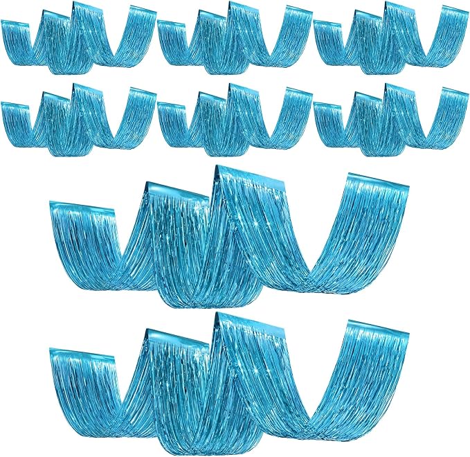8 Pcs Light Blue 15ft Metallic Foil Ceiling Fringe Curtains by Breling