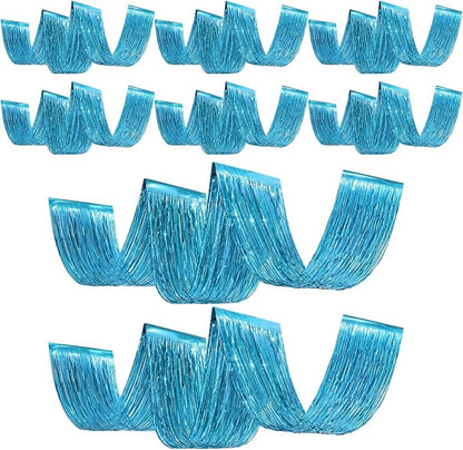 8 Pcs Light Blue 15ft Metallic Foil Ceiling Fringe Curtains by Breling