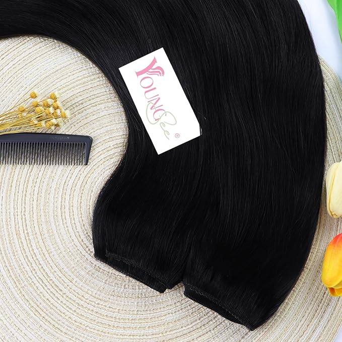 YoungSee Wire Hair Extensions Jet Black Hair Extensions Invisible Wire Black Fish Line Hair Extension Real Human Hair Short Straight Hair 12Inch 70g
