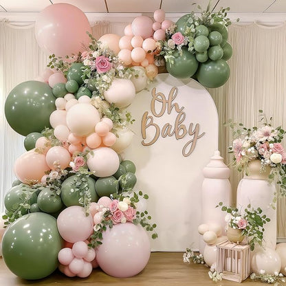 Pink Green White Sand Balloons Arch Kit, Party Decor | Sage Green, Pastel Pink by Bloces