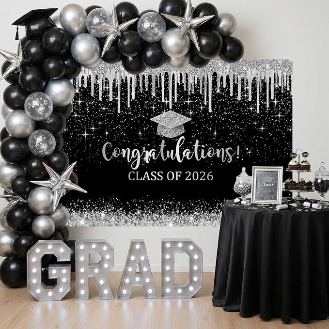 Mocsicka 7x5ft Class of 2025 Graduation Backdrop Black and Sliver Glitter 2026 - Image 2