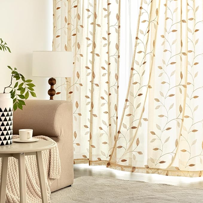MIULEE Beige Sheer Curtains 2 Panels Leaf Patterned, W30 x L30 | Embroidered - Image 3