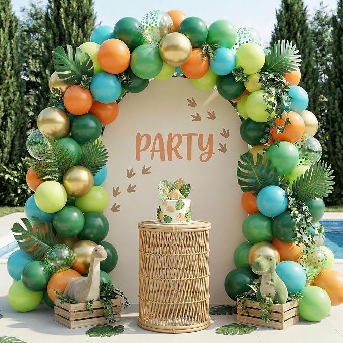 Dinosaur Balloons Set, 12 Inch Dark Green Teal and Orange Balloons, Metallic - Image 5