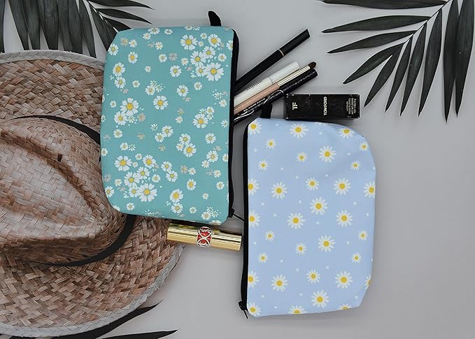 2 Pcs Cosmetic Bag for Women Small Make Up Bag Waterproof Travel Toiletries Pouch with Zipper for Organizing Small Items, Gift Bags for Birthday Christmas(Daisy Flower 2)