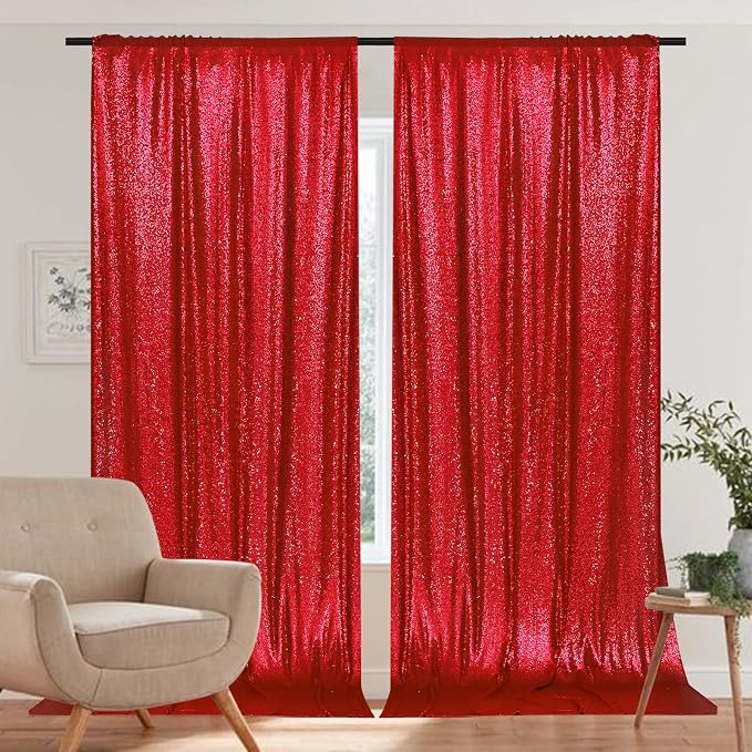PartyDelight Red Sequin Backdrop Curtains 5x10ft 2 Sparkly Panels | 4 Inch Rod - Image 6
