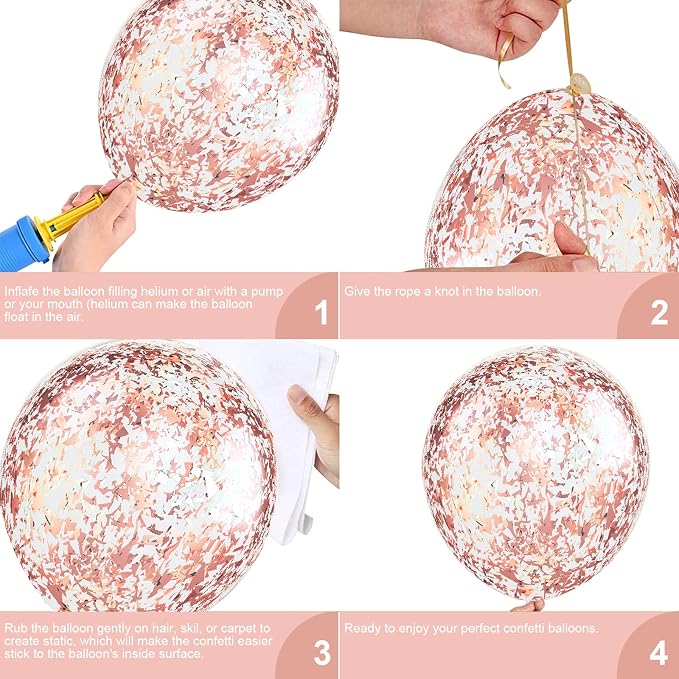 Pink White Balloons, 12 Inch Metallic Pink Latex Balloons Rose Gold Confetti - Image 4